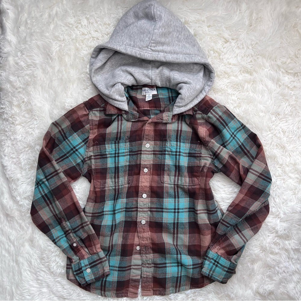 Arizona Teal and Brown Plaid Hooded Flannel